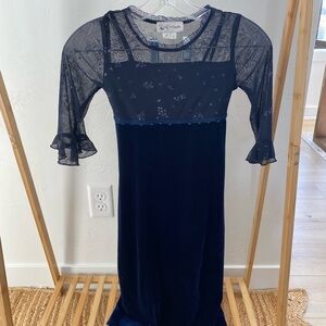 My Michelle velvet Midnight Blue Dress with Sheer floral Accents